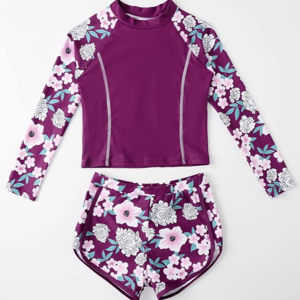 Girls Floral Rash Guard Set